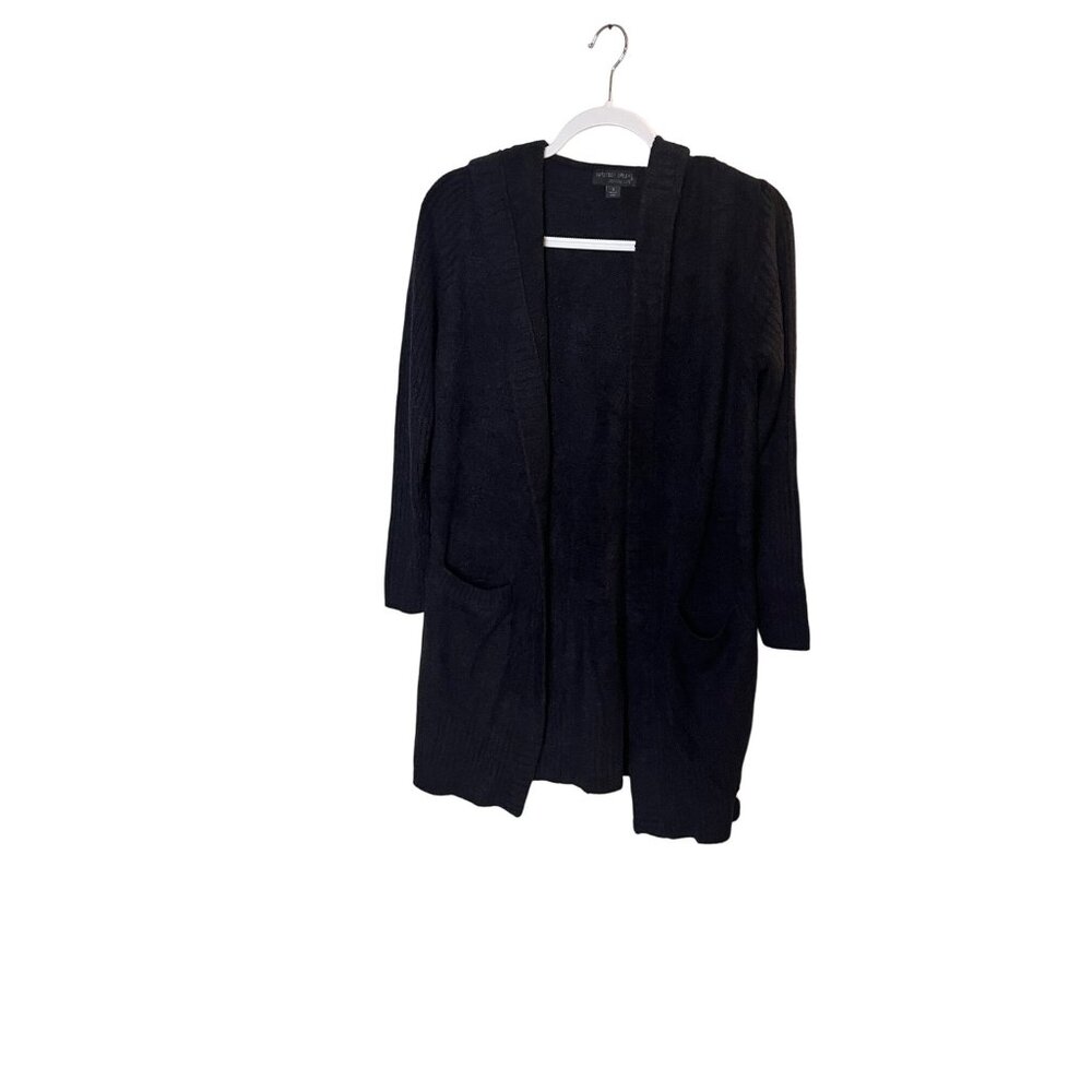 Barefoot Dreams CozyChic Lite S Hooded Duster Cardigan Open Front Pockets black